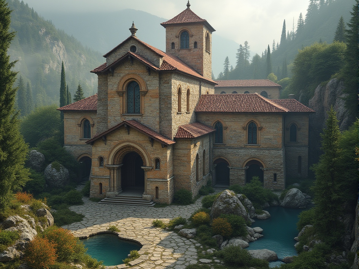 Prompt: Rustic monastery complex, weathered stone walls, ornate Gothic arches, stained glass windows, grand prayer halls, intricate frescoes, regional folk patterns, earthy color palette, misty mountainous surroundings, lush green forests, winding cobblestone paths, tranquil water features, soft warm lighting, atmospheric fog effects, 1/2 composition, symmetrical framing, high dynamic range, realistic texture details.