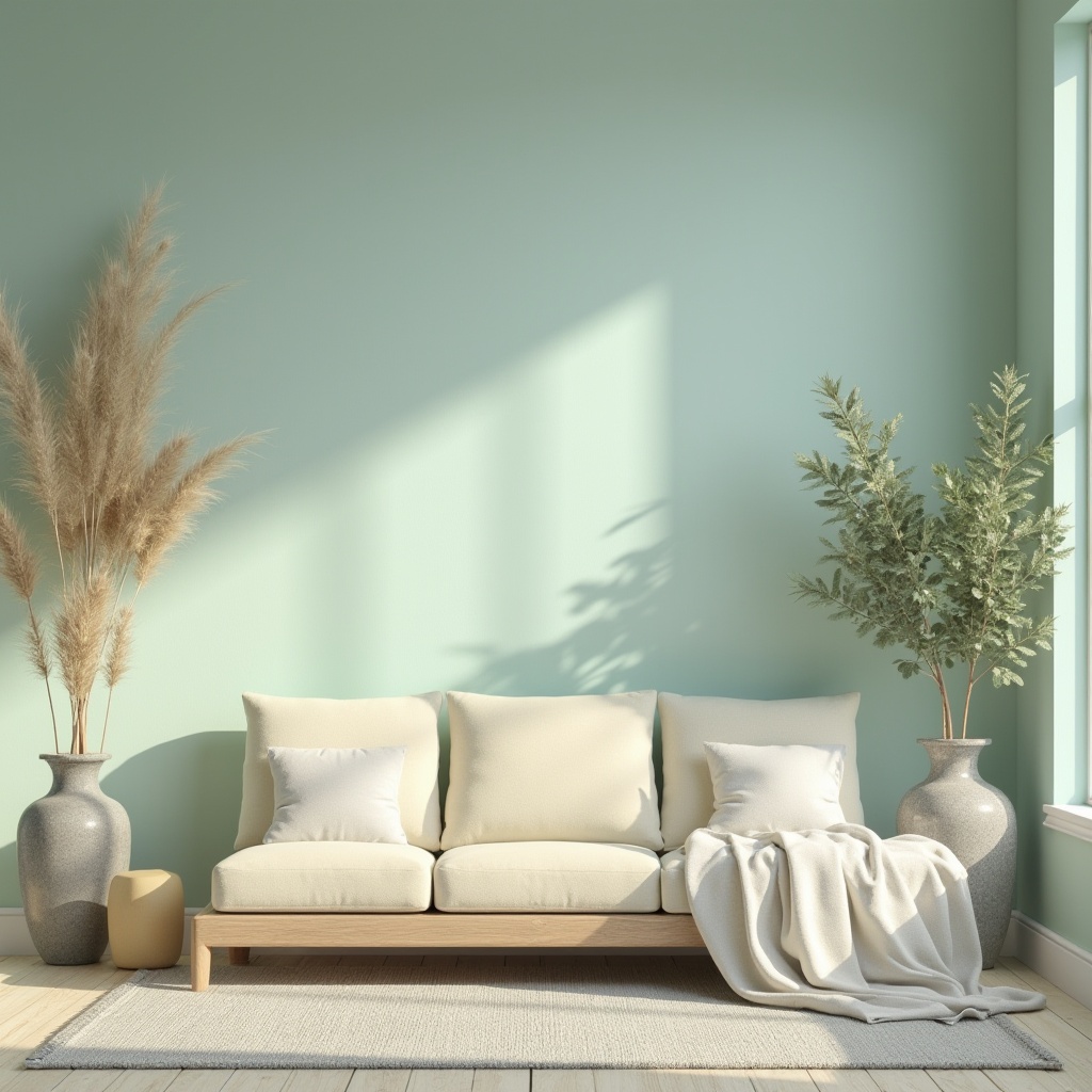 Prompt: Soft mint walls, creamy white furniture, warm beige accents, calming blue tones, pale lavender hues, natural wood textures, subtle stone patterns, serene greenery, gentle morning light, soft shadows, 1/1 composition, shallow depth of field, realistic renderings, ambient occlusion.