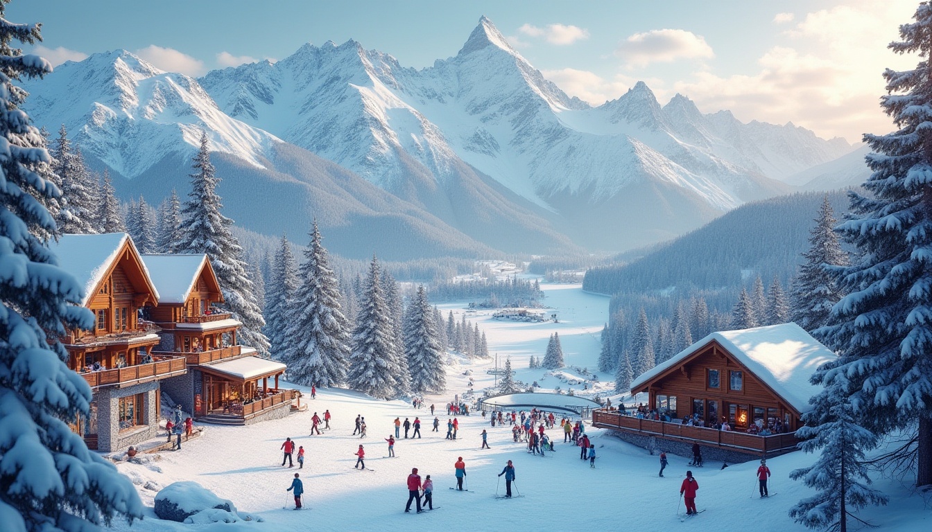 Prompt: Mountainous ski resort, snowy peaks, pine trees, frozen lakes, gentle slopes, challenging trails, modern ski lifts, cozy mountain lodges, warm fireplaces, rustic wooden accents, vibrant winter clothing, lively apr\u00e8s-ski atmosphere, soft golden lighting, shallow depth of field, 3/4 composition, panoramic view, realistic snow textures, ambient occlusion.