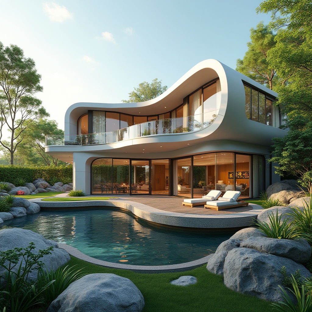 Prompt: Curved villa facade, streamlined modern architecture, reflective silver surfaces, minimalist ornamentation, clean lines, cantilevered roofs, floor-to-ceiling windows, sliding glass doors, lush greenery surroundings, natural stone walkways, wooden deck, serene water stream, vibrant colorful accents, dynamic shading systems, 1/1 composition, realistic reflections, ambient occlusion, warm sunny day, soft natural lighting.