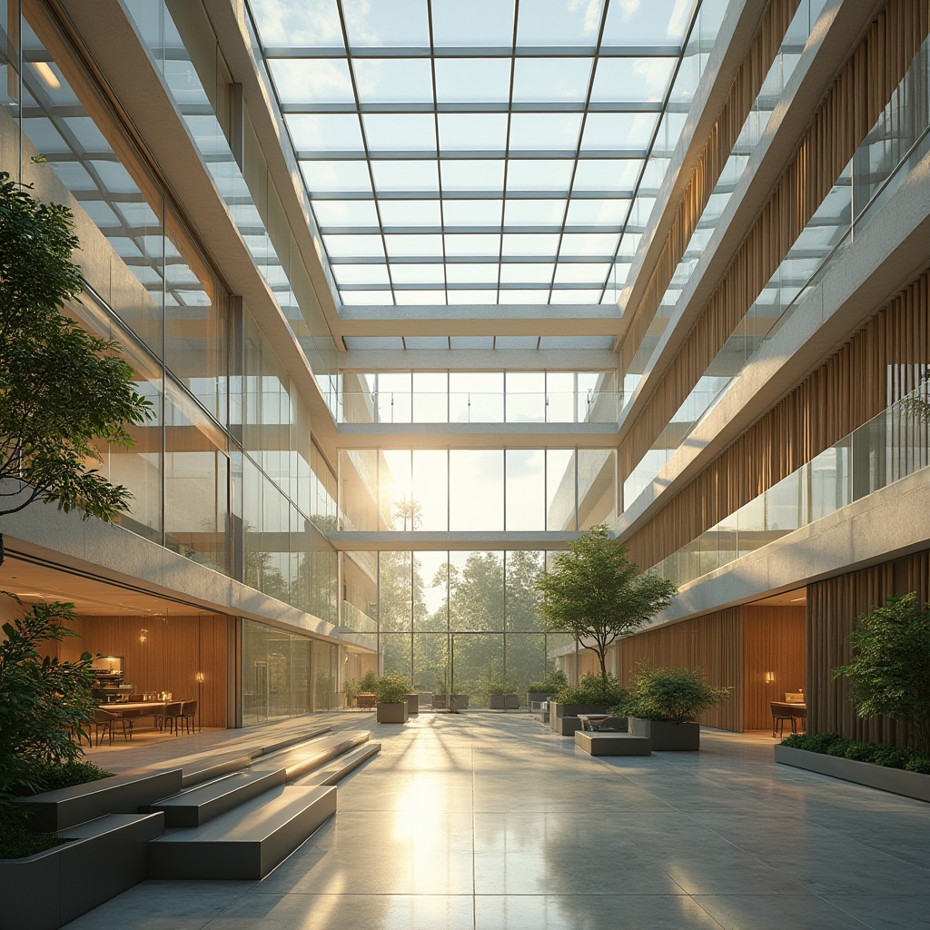 Prompt: Spacious atrium, abundant skylights, floor-to-ceiling windows, clerestory windows, solar tubes, light wells, reflective surfaces, minimalist interior design, open-plan layout, transparent glass fa\u00e7ade, seamless connections, natural ventilation systems, passive solar heating, cooling systems, energy-efficient solutions, sustainable building materials, green roofs, lush vegetation, serene outdoor spaces, warm afternoon sunlight, soft diffused lighting, high contrast ratio, 1/1 composition, realistic textures, ambient occlusion.