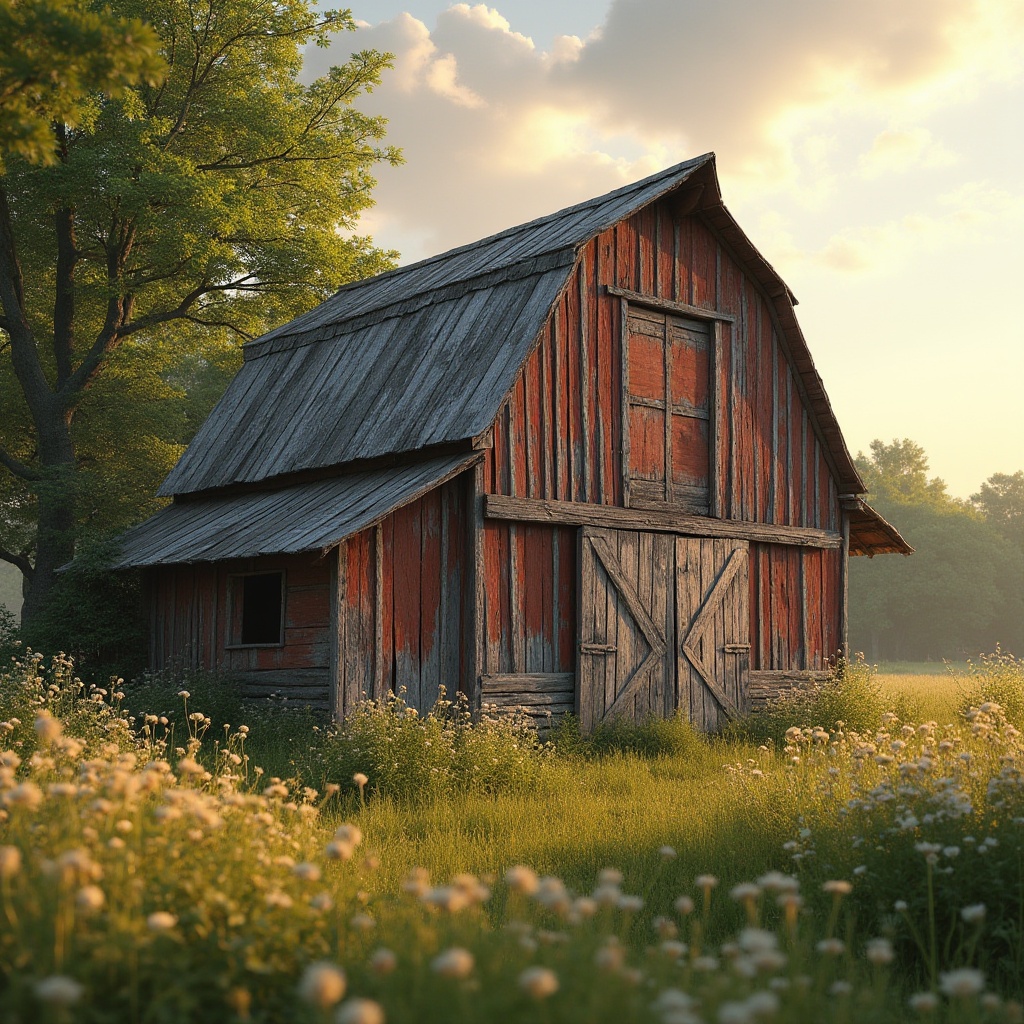 Prompt: Rustic barn, weathered wooden planks, earthy tones, muted reds, warm golden hues, soft creamy whites, rich brown textures, natural stone foundations, overgrown wildflowers, lush green meadows, serene countryside landscape, soft diffused lighting, 1/1 composition, shallow depth of field, warm color grading, realistic weathering effects.