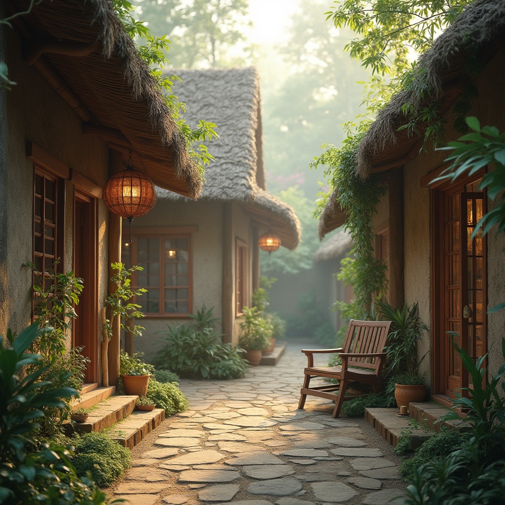 Prompt: Earthy tones, natural materials, local stone walls, wooden accents, thatched roofs, bamboo details, woven textiles, organic forms, curved lines, rustic charm, rural setting, lush greenery, misty morning, soft warm lighting, shallow depth of field, 1/1 composition, intimate scale, cozy atmosphere.