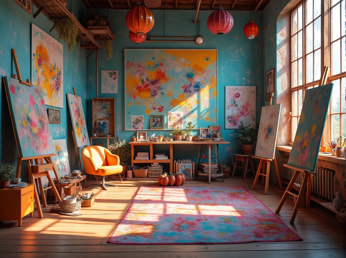 Prompt: Vibrant art studio, eclectic mix of colors, bold brushstrokes, textured canvases, artistic freedom, inspiring quotes, natural light pouring in, wooden floors, cozy seating areas, colorful rugs, modern easels, abstract paintings, expressive splatters, dynamic shapes, futuristic color schemes, neon accents, pastel hues, metallic sheens, iridescent effects, atmospheric perspective, cinematic lighting, 1/2 composition, shallow depth of field, stylized textures, ambient occlusion.