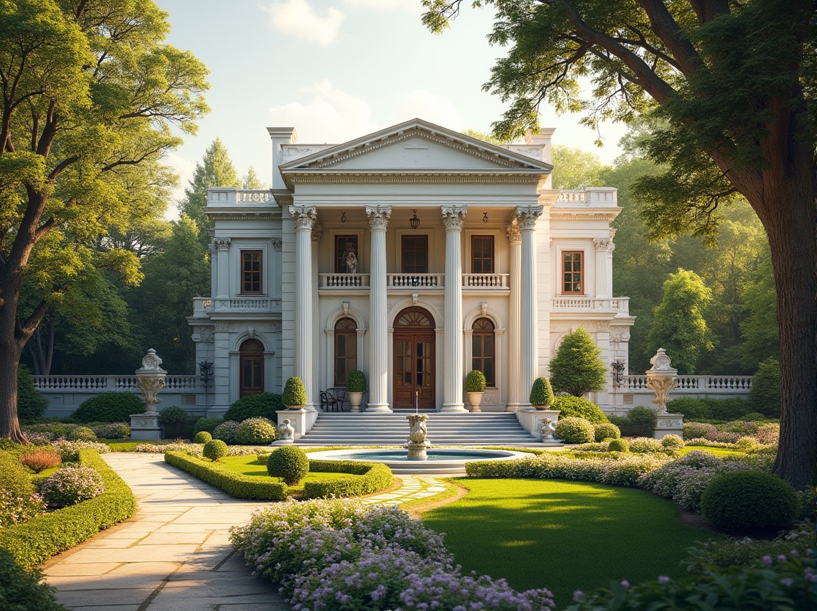 Prompt: Elegant neoclassical mansion, symmetrical facade, ornate columns, grand entrance, manicured lawns, topiary trees, blooming flowerbeds, meandering walkways, classical statues, decorative fountains, serene water features, limestone pathways, rustic stone walls, mature oak trees, sunny afternoon, soft warm lighting, shallow depth of field, 3/4 composition, realistic textures, ambient occlusion.