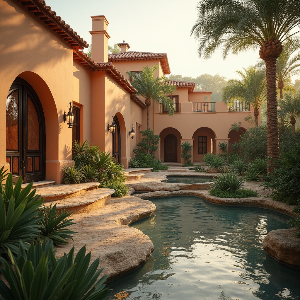 Prompt: Warm villa exterior, earthy tone walls, soft peach accents, lush greenery surroundings, tropical palm trees, serene water features, natural stone pathways, rustic wooden doors, elegant iron railings, warm golden lighting, shallow depth of field, 1/1 composition, realistic textures, ambient occlusion.