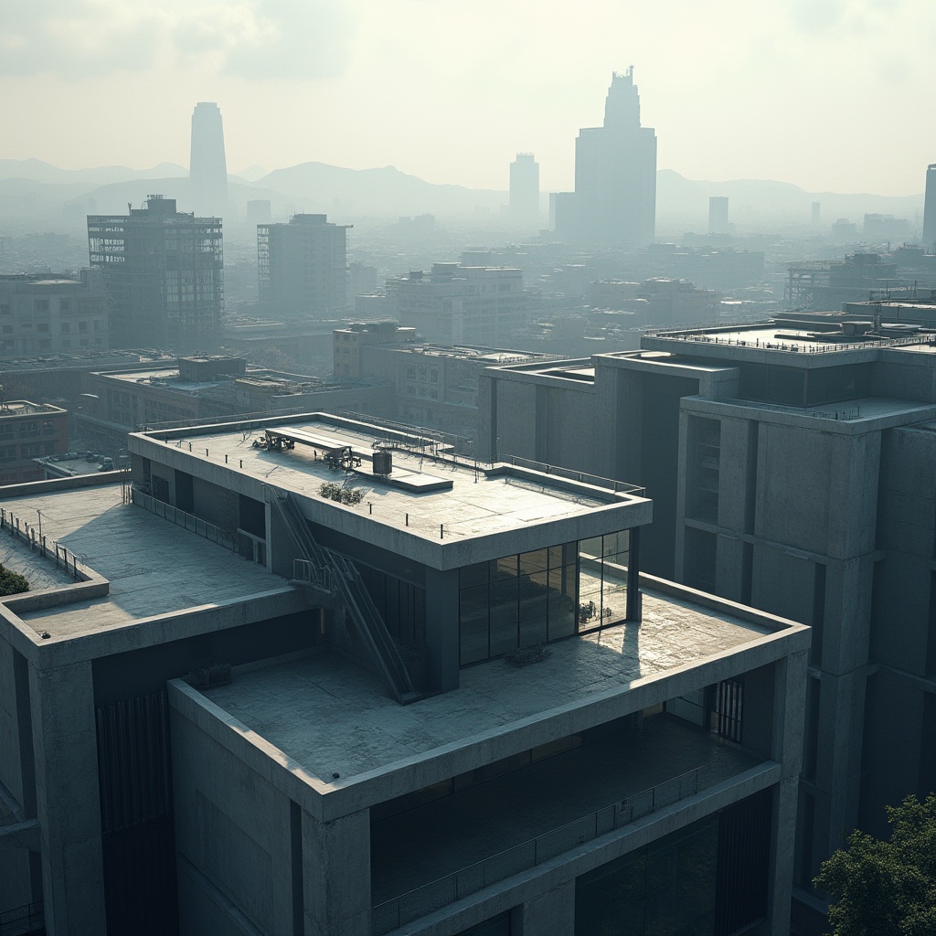 Prompt: Sleek rooflines, modern architectural silhouettes, minimalist facades, flat rooftops, sharp angular lines, geometric shapes, urban cityscapes, concrete structures, steel beams, glass railings, industrial materials, brutalist design, dramatic shading, high-contrast lighting, cinematic composition, atmospheric perspective, realistic textures, subtle color grading.