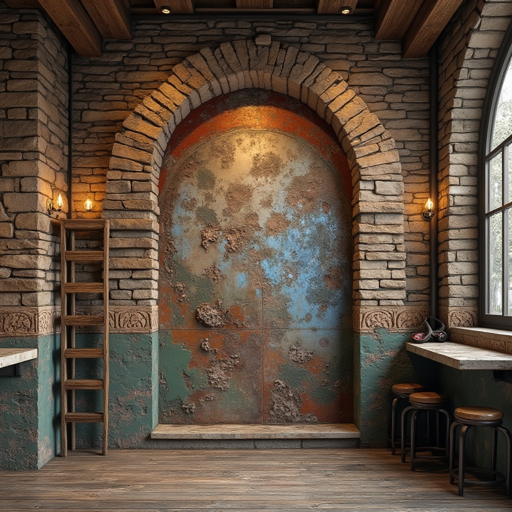 Prompt: Rustic stone walls, distressed wood planks, weathered metal sheets, rough-hewn brick facades, ornate tile mosaics, vibrant graffiti murals, dynamic abstract patterns, intricate carved reliefs, industrial concrete floors, reclaimed wooden accents, earthy natural tones, warm ambient lighting, shallow depth of field, 1/2 composition, dramatic shadows, realistic textures.