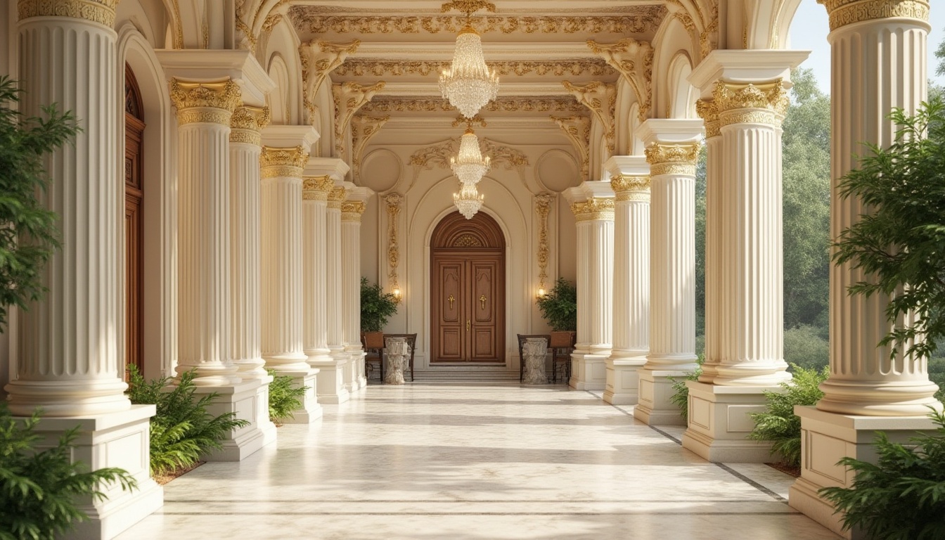 Prompt: Elegant neoclassical facade, soft cream walls, ornate gold details, grand columns, symmetrical architecture, lush greenery, subtle earth tones, rich wood accents, crystal chandeliers, marble floors, intricate moldings, warm beige tones, classic proportions, ornate furnishings, soft natural lighting, shallow depth of field, 1/2 composition, realistic textures, ambient occlusion.