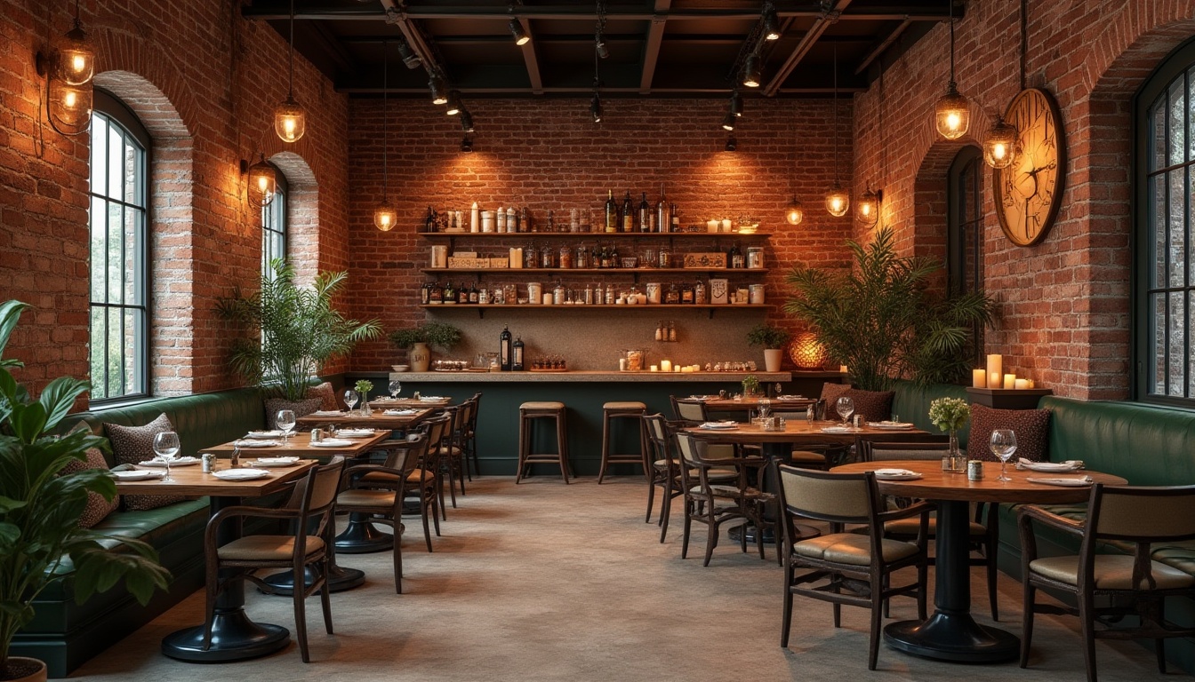 Prompt: Warm inviting atmosphere, rustic brick facade, earthy tones, natural textures, industrial chic decor, reclaimed wood accents, metal beams, pendant lighting, cozy dining areas, lush greenery, vintage decorative items, distressed finishes, warm candlelight, shallow depth of field, 1/2 composition, soft warm color palette, realistic materials, ambient occlusion.