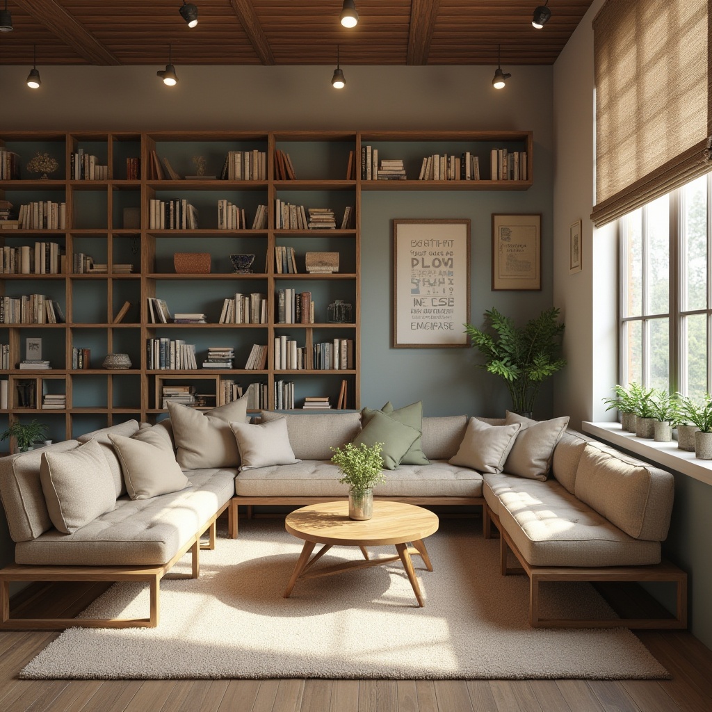 Prompt: Cozy reading nooks, warm wooden shelves, soft carpeted floors, calming neutral tones, earthy brown accents, soothing blue hues, natural light filtering, comfortable seating areas, quiet study zones, inspirational quotes, rustic wooden tables, modern minimalist decor, warm task lighting, layered window treatments, botanical prints, nature-inspired textures, serene atmosphere, 1/2 composition, shallow depth of field, realistic renderings.