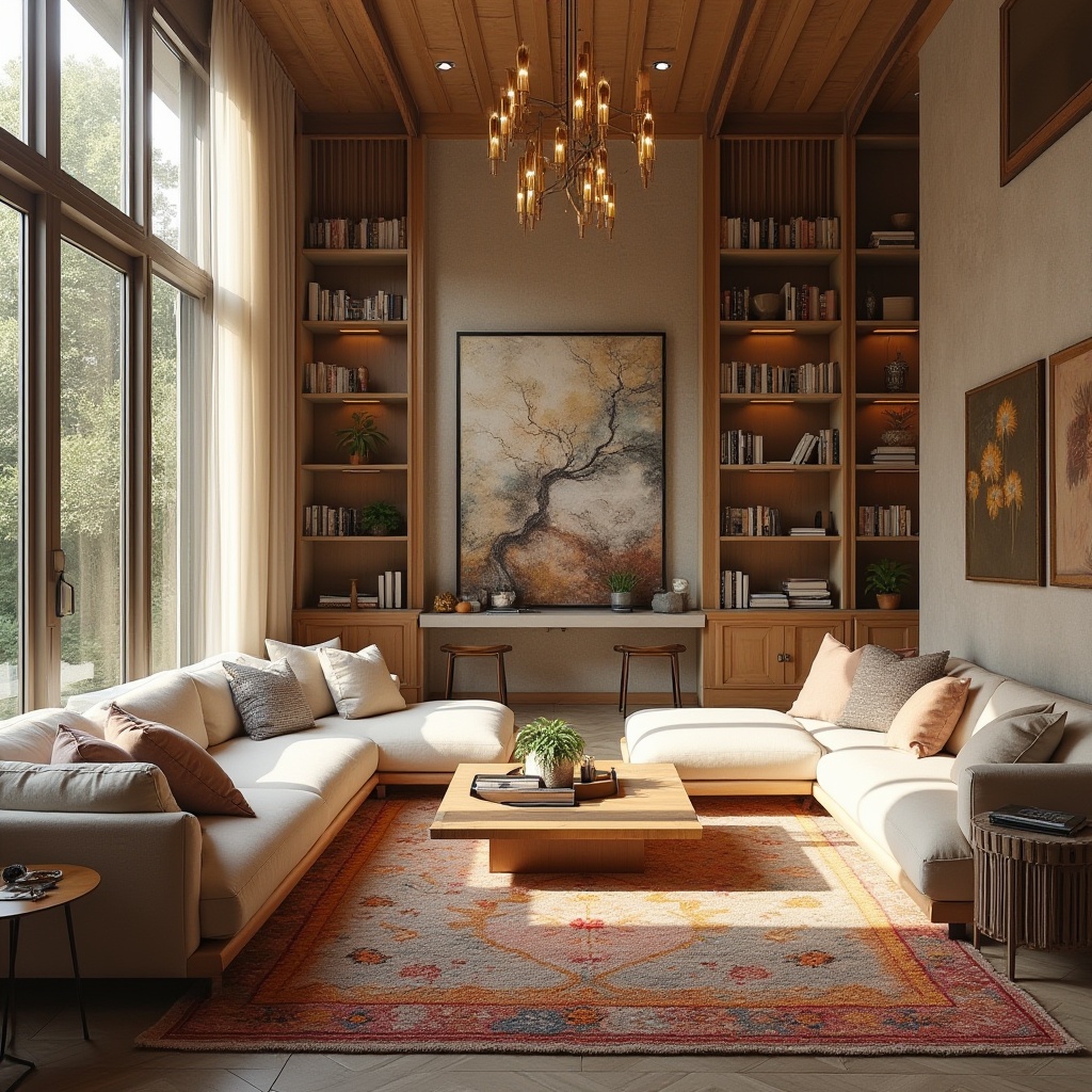 Prompt: Cozy living room, plush furniture, warm beige tones, soft cushioning, natural wood accents, floor-to-ceiling windows, abundant sunlight, elegant chandelier, comfortable reading nook, built-in bookshelves, rich textiles, vibrant colorful rugs, inviting atmosphere, relaxing ambiance, 1/1 composition, shallow depth of field, realistic renderings, ambient occlusion.