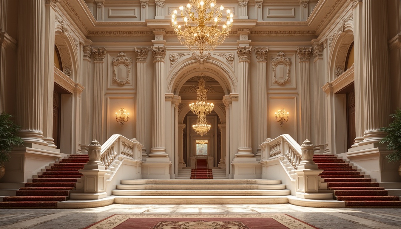 Prompt: Elegant neoclassical building, ornate columns, intricate carvings, grand entrance, symmetrical facade, classical pediments, ornamental moldings, lavish decorations, subtle arches, refined pilasters, opulent chandeliers, majestic staircases, richly patterned rugs, sophisticated color palette, soft warm lighting, shallow depth of field, 3/4 composition, realistic textures, ambient occlusion.