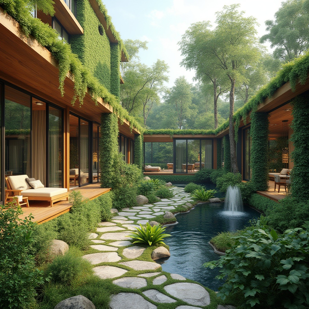 Prompt: Harmonious landscape integration, lush green roofs, verdant walls, native plant species, meandering pathways, natural stone walkways, wooden decks, outdoor seating areas, water features, small ponds, fountain sculptures, modern architectural styles, clean lines, minimal ornamentation, floor-to-ceiling windows, sliding glass doors, panoramic views, abundant natural light, warm soft lighting, realistic textures, ambient occlusion.