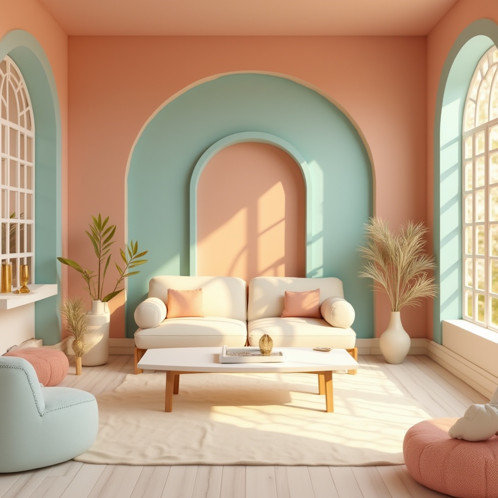 Prompt: Vibrant design studio, modern minimalist interior, pastel color scheme, soft peach walls, rich turquoise accents, creamy white furniture, natural wood textures, geometric patterns, subtle gradient effects, warm golden lighting, shallow depth of field, 1/1 composition, realistic renderings, ambient occlusion.