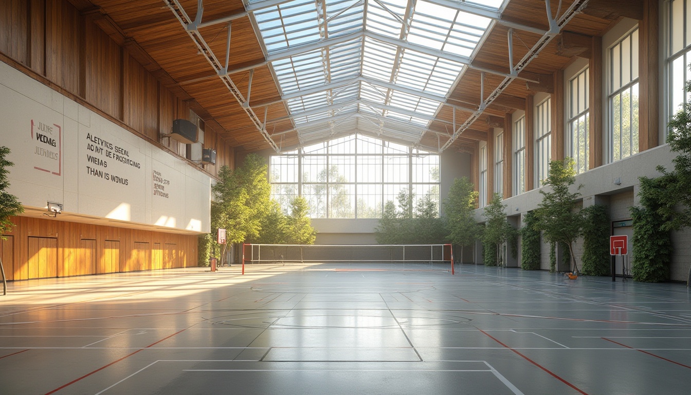 Prompt: Well-lit gymnasium, large windows, clerestory roof, translucent panels, reflective surfaces, polished floors, modern architecture, open spaces, high ceilings, natural stone walls, wooden accents, athletic equipment, basketball courts, volleyball nets, sports flooring, motivational quotes, inspirational murals, greenery integration, living walls, ambient lighting, soft shadows, 1/1 composition, realistic textures, subtle color palette, sunny day, warm atmosphere.