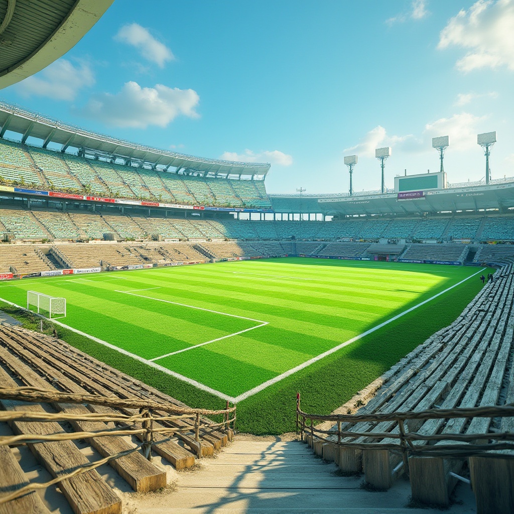 Prompt: Vibrant coastal sports fields, lush green grass, weathered wooden bleachers, ocean-inspired blue and green color palette, sandy textures, driftwood accents, nautical ropes, modern stadium lighting, clear sunny day, soft warm atmosphere, shallow depth of field, 3/4 composition, panoramic view, realistic shadows, ambient occlusion.