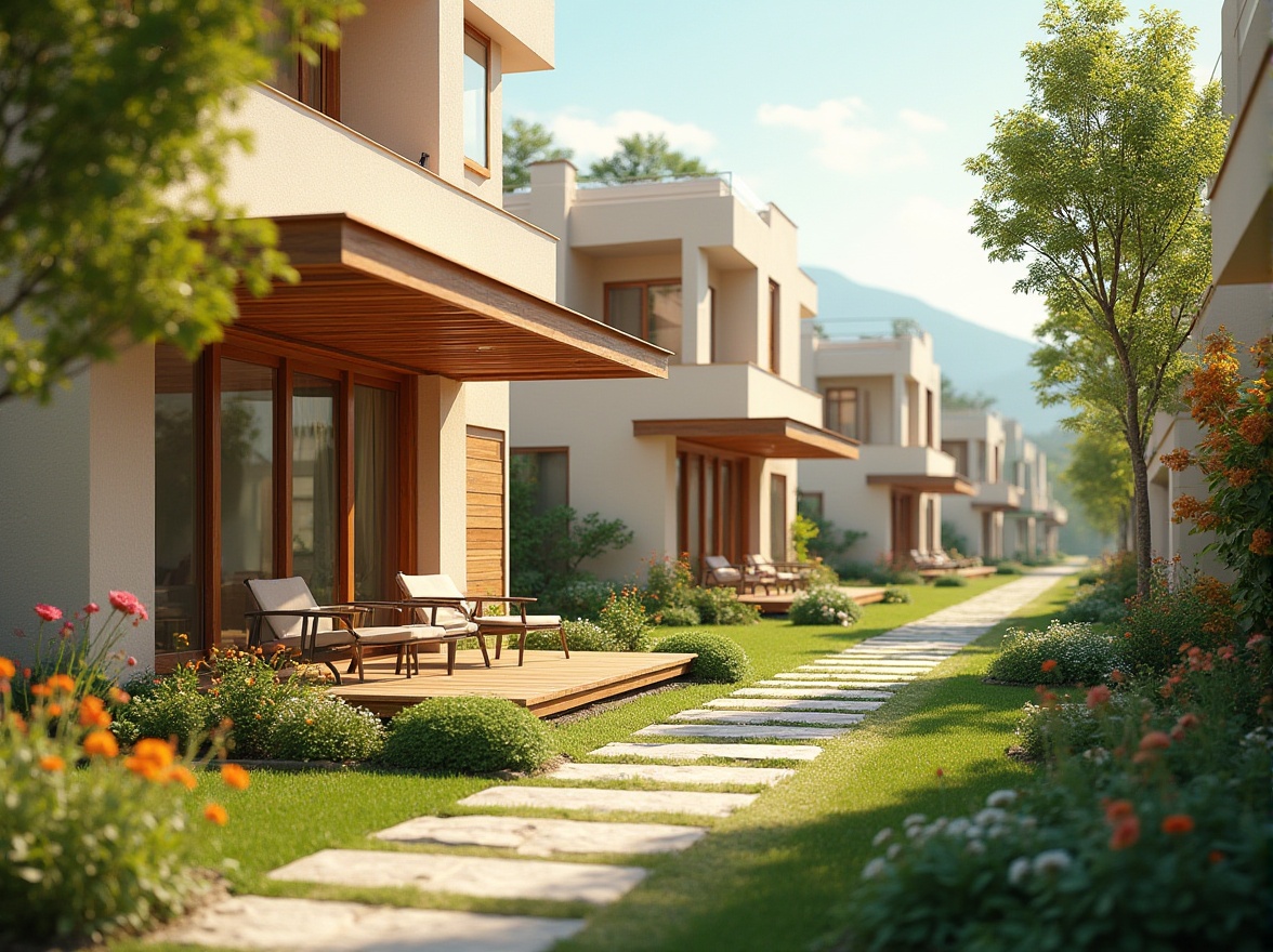 Prompt: Cozy residential buildings, earthy tones, warm beige walls, soft brown roofs, lush green gardens, vibrant flower beds, natural stone pathways, wooden accents, modern minimalist facades, large windows, sliding glass doors, sunny day, soft warm lighting, shallow depth of field, 3/4 composition, realistic textures, ambient occlusion.