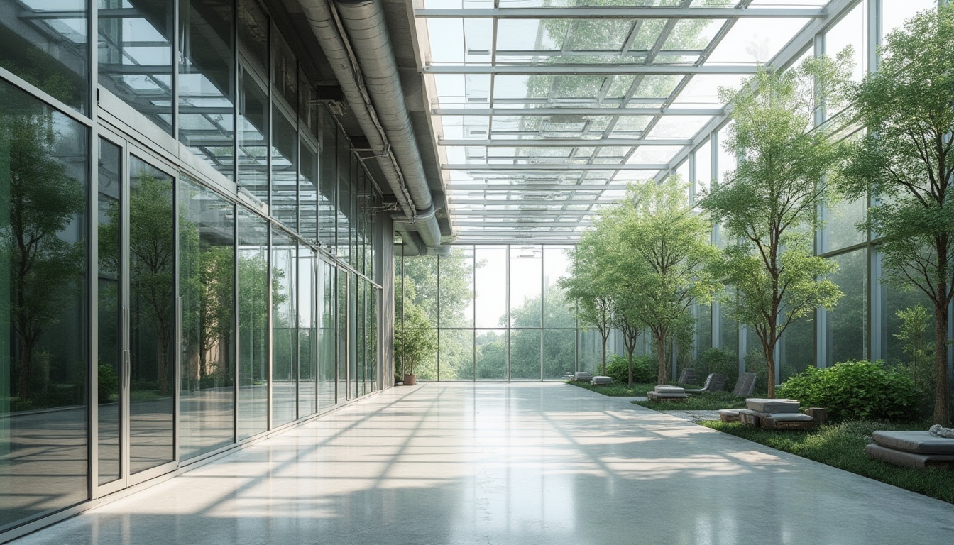 Prompt: Glass facade, minimalist framework, open floor plan, transparent roofs, clerestory windows, natural light pouring in, airy atmosphere, seamless transitions, reflective surfaces, polished concrete floors, sleek metal beams, exposed ductwork, industrial chic aesthetic, modern simplicity, green roofs, living walls, verdant surroundings, soft diffused lighting, shallow depth of field, 1/1 composition, symmetrical balance, realistic reflections.