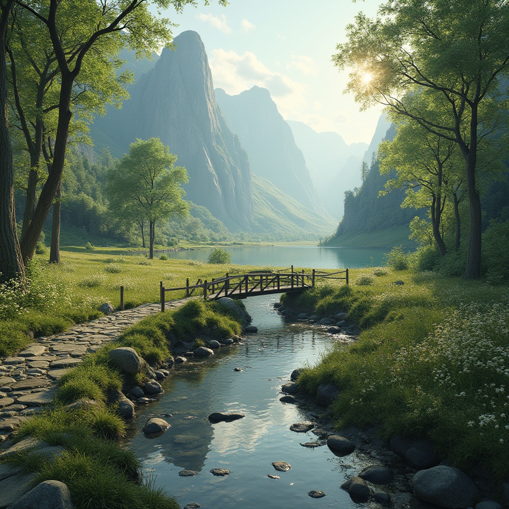 Prompt: Seamless landscape integration, lush greenery, meandering streams, rustic wooden bridges, natural stone pathways, wildflower meadows, towering trees, majestic mountains, serene lakeside, warm sunlight filtering through leaves, soft misty atmosphere, atmospheric perspective, 1/2 composition, subtle color palette, realistic textures, ambient occlusion.