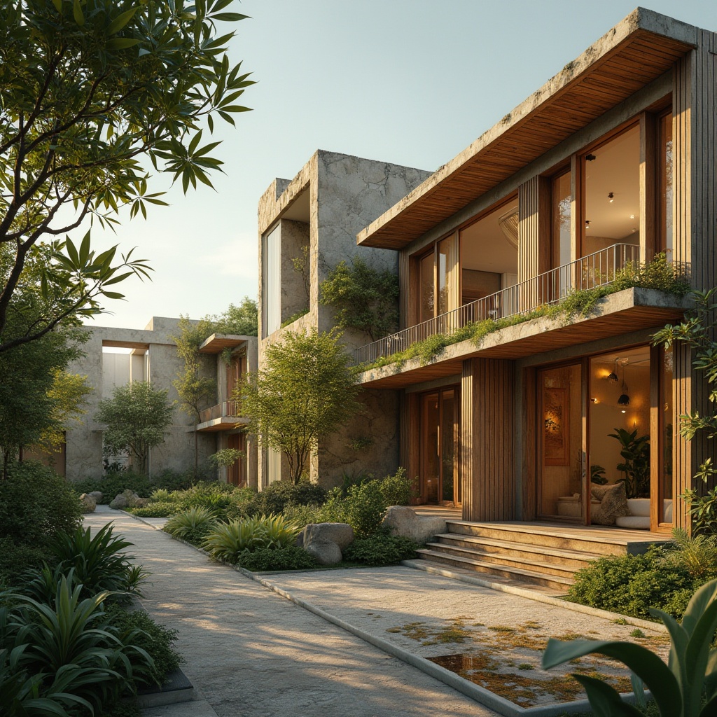 Prompt: Earth-toned buildings, reclaimed wood accents, living green walls, natural stone facades, bamboo flooring, eco-friendly roofing, solar panels, rainwater harvesting systems, organic gardens, lush vegetation, serene atmosphere, warm soft lighting, shallow depth of field, 3/4 composition, realistic textures, ambient occlusion.