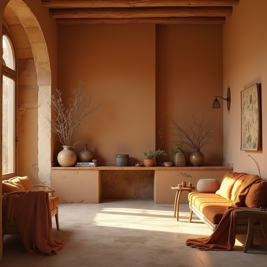 Prompt: Earthy ochre tones, warm beige walls, rustic terracotta floors, natural stone accents, earthy ceramics, vintage distressed wood, woven wicker furniture, soft sienna drapes, muted umber throws, cozy ambient lighting, shallow depth of field, 2/3 composition, realistic textures, atmospheric perspective.