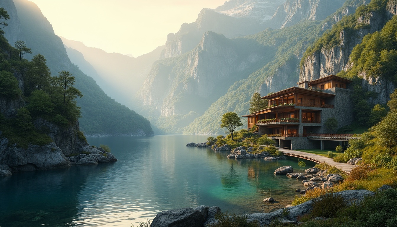 Prompt: Mountainous landscape, rolling hills, serene lakeside, lush greenery, native flora, rustic stone walls, wooden bridges, meandering pathways, naturalistic architecture, earthy tones, organic forms, cantilevered roofs, large overhangs, clerestory windows, soft warm lighting, 1/2 composition, atmospheric perspective, misty morning, warm color palette, realistic textures, ambient occlusion.