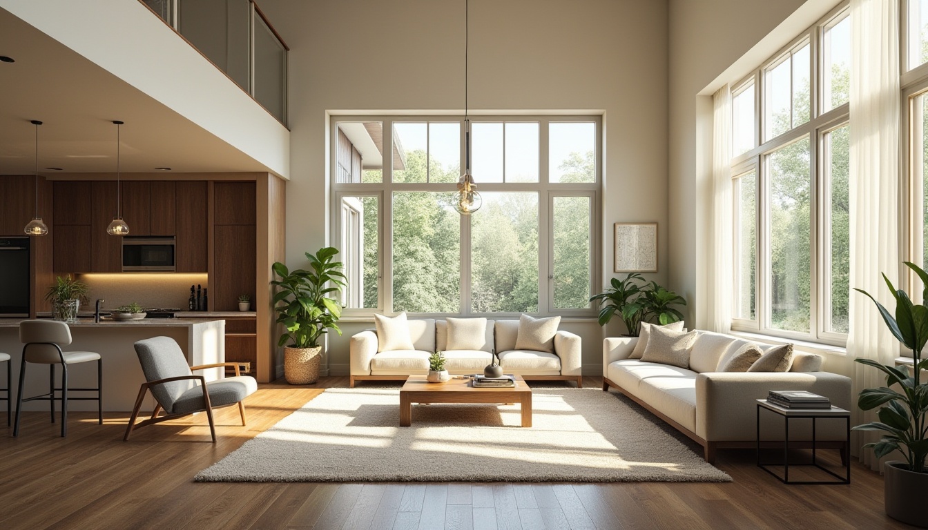 Prompt: Spacious living room, high ceilings, large windows, natural light pouring in, cream-colored walls, dark wood flooring, plush area rug, comfortable sofas, accent chairs, floor lamps, modern coffee table, greenery, potted plants, airy feel, open-plan layout, functional storage units, soft warm lighting, shallow depth of field, 1/1 composition, realistic textures, ambient occlusion.