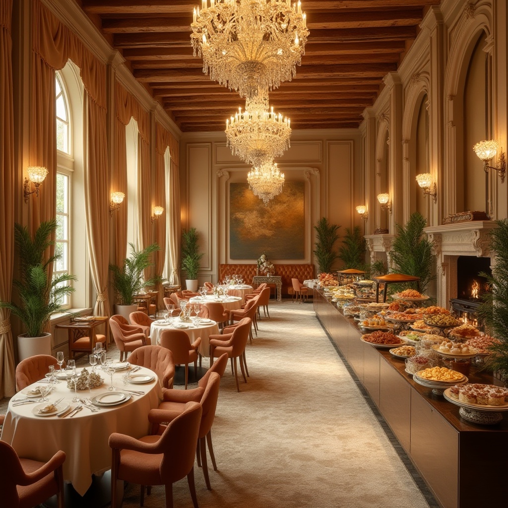 Prompt: Elegant dining hall, luxurious velvet drapes, warm golden lighting, rich wood tones, sophisticated cream colors, soft beige walls, refined silver accents, lavish crystal chandeliers, plush carpeting, cozy fireplaces, intimate seating areas, natural stone floors, rustic wooden beams, earthy terracotta pots, vibrant greenery, appetizing food displays, mouthwatering desserts, warm inviting atmosphere, shallow depth of field, 1/1 composition, realistic textures, ambient occlusion.