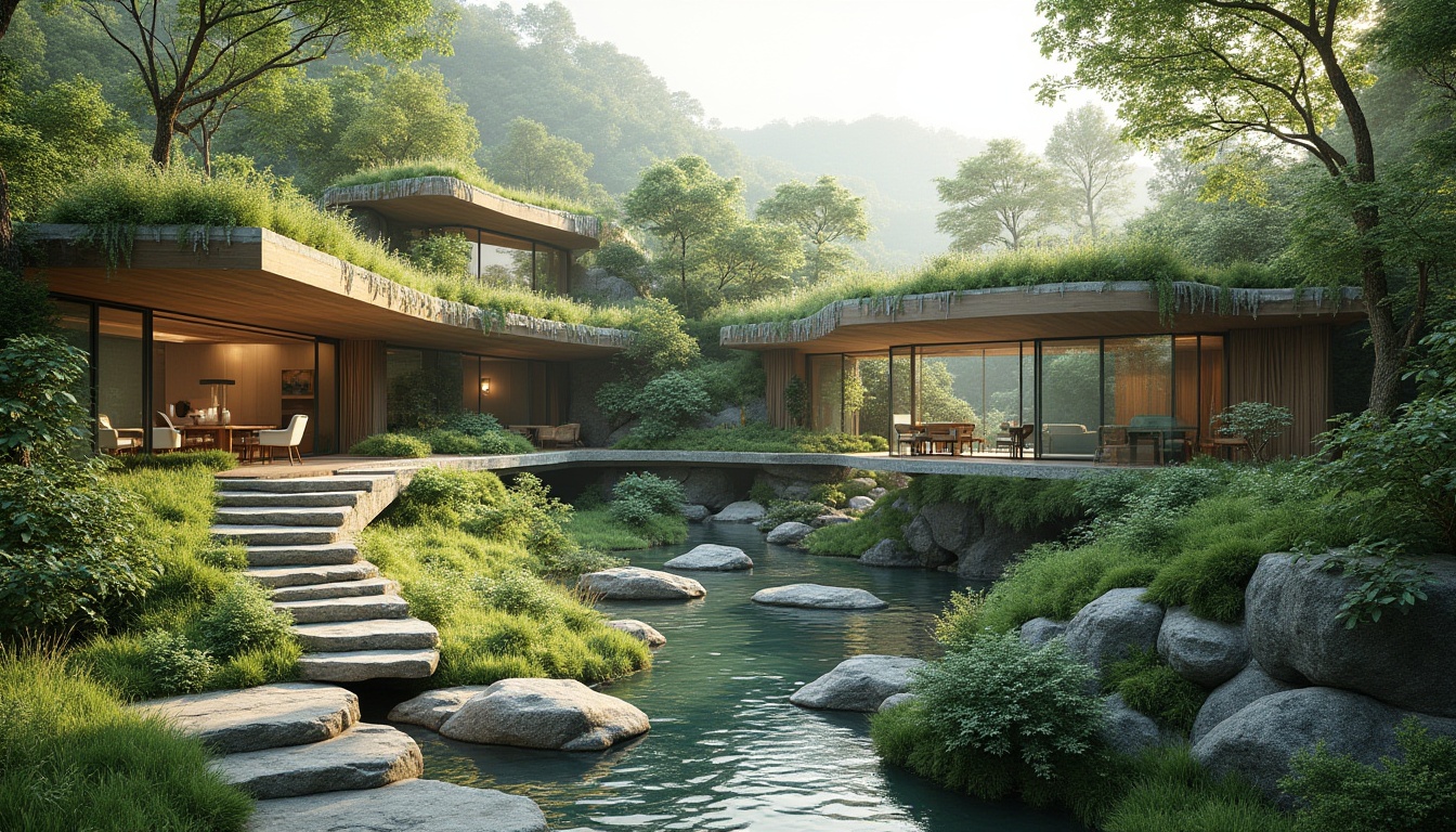 Prompt: Harmonious landscape integration, lush green roofs, living walls, verdant gardens, natural stone pathways, meandering water features, organic building forms, earthy color palette, sustainable materials, energy-efficient systems, solar panels, wind turbines, rainwater harvesting, eco-friendly infrastructure, seamless indoor-outdoor transitions, floor-to-ceiling windows, sliding glass doors, panoramic views, soft natural lighting, 1/1 composition, symmetrical balance, serene atmosphere, realistic textures, ambient occlusion.