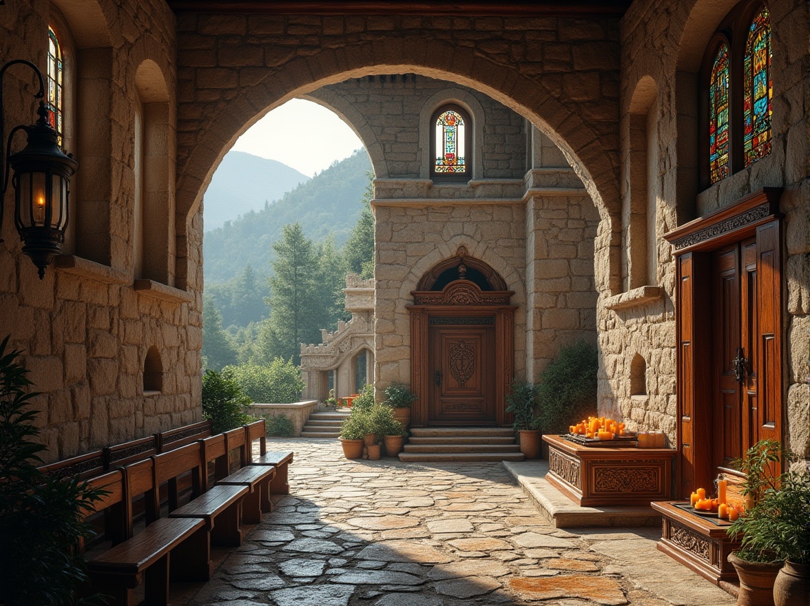 Prompt: Rustic monastery courtyard, stone walls, ornate archways, stained glass windows, wooden prayer benches, intricately carved wooden doors, regional folk patterns, earthy color palette, natural stone flooring, candlelit ambiance, soft warm lighting, shallow depth of field, 3/4 composition, panoramic view, realistic textures, ambient occlusion, rolling hills, misty mountains, serene forest surroundings, meandering pathways, ancient trees, rustic lanterns, traditional regional architecture, cultural heritage preservation.