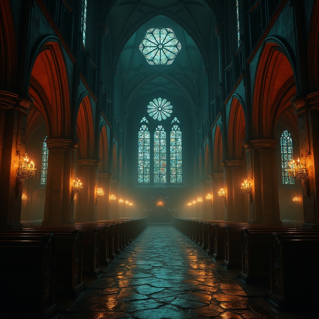 Prompt: Dark mysterious cathedral, vaulted ceilings, stained glass windows, ornate stone carvings, dramatic archways, rich jewel-toned colors, deep crimson reds, midnight blues, eerie greens, weathered copper accents, mystical gold details, intricate filigree patterns, ominous shadows, candlelit atmosphere, warm golden lighting, atmospheric fog, cinematic composition, high contrast ratio, mysterious ambiance.