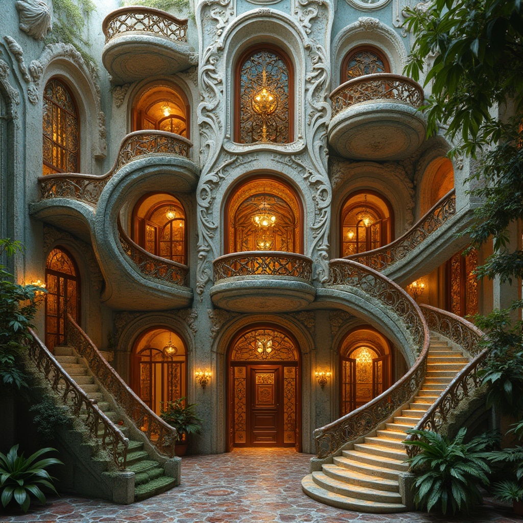 Prompt: Intricate Art Nouveau building, ornate facades, sinuous lines, flowing curves, organic forms, botanical patterns, iridescent glass tiles, shimmering mosaics, textured stone walls, rusty metal accents, ornamental ironwork, grand entranceways, sweeping staircases, lavish interiors, warm golden lighting, soft focus, 1/1 composition, atmospheric perspective, realistic materials, ambient occlusion.