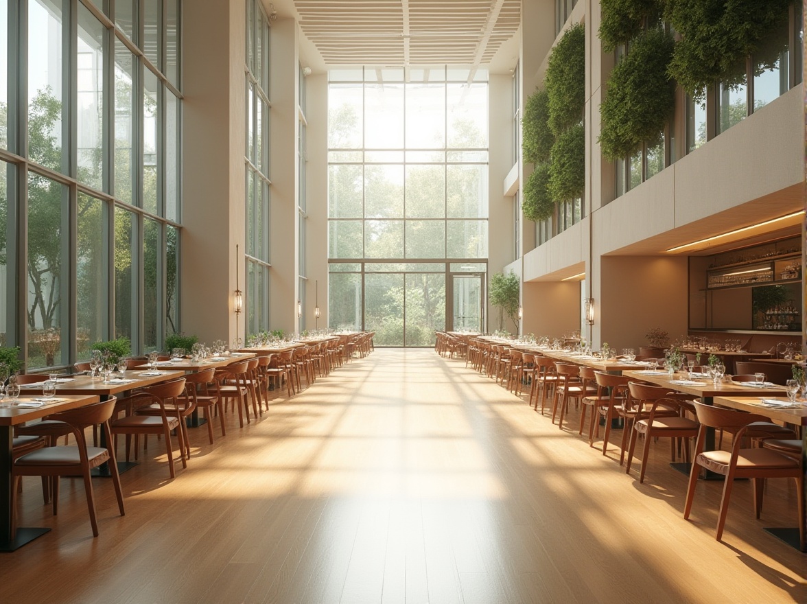 Prompt: Spacious dining hall, high ceilings, large windows, clerestory windows, skylights, transparent glass doors, minimal obstructions, reflective surfaces, light-colored walls, polished wooden floors, modern minimalist furniture, greenery installations, living walls, abundant natural lighting, soft warm glow, 1/1 composition, shallow depth of field, panoramic view, realistic textures, ambient occlusion.