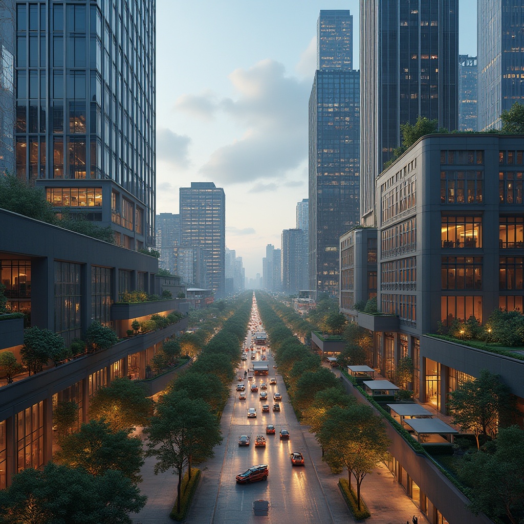 Prompt: Rich urban landscape, modern skyscrapers, sleek glass facades, metallic accents, warm neutral tones, earthy brown stones, deep blue skies, vibrant city lights, bustling streets, pedestrian zones, green roofs, living walls, natural ventilation systems, soft diffused lighting, 1/2 composition, atmospheric perspective, realistic reflections, subtle gradient maps.