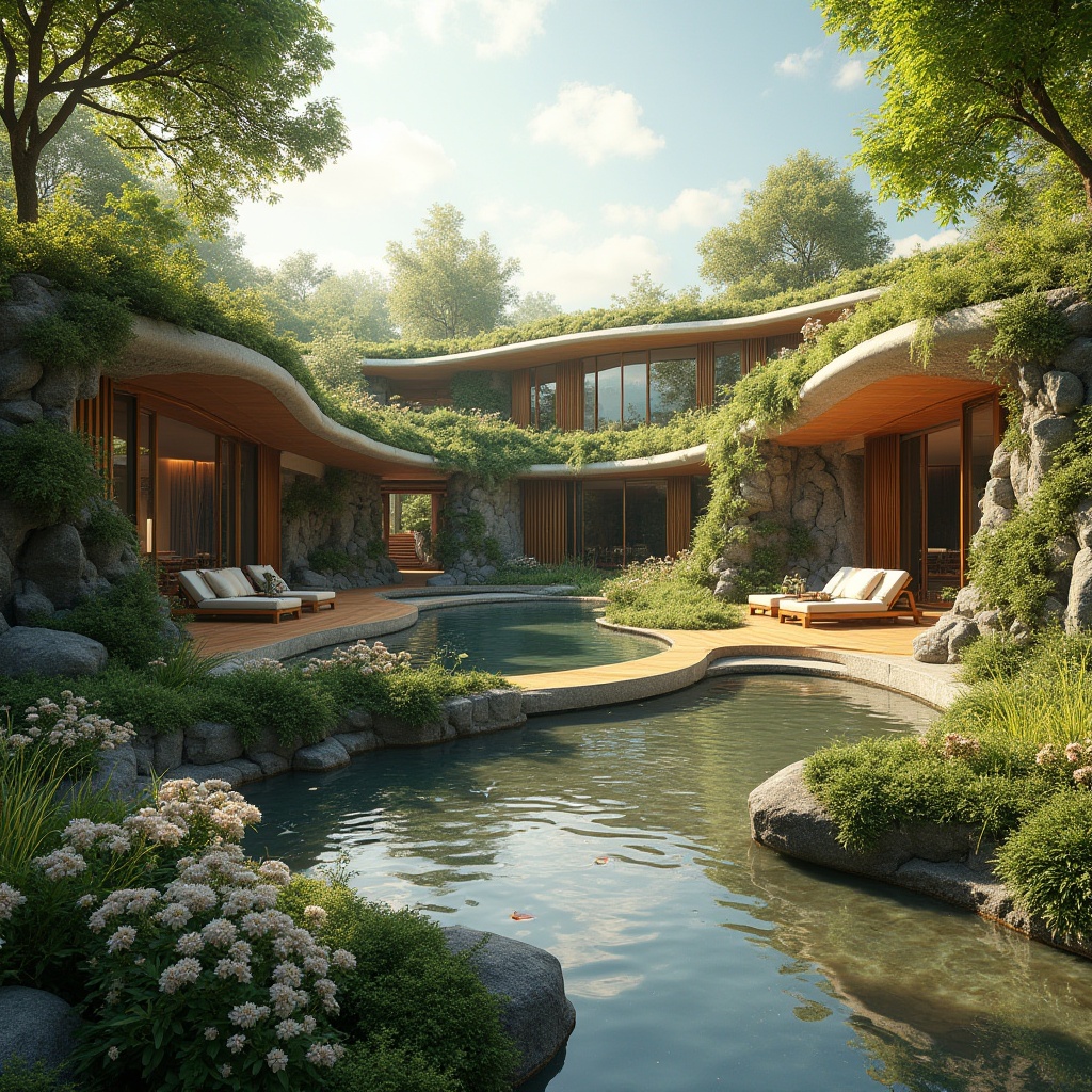 Prompt: Seamless landscape integration, organic architecture, curved lines, natural materials, green roofs, living walls, wooden accents, stone fa\u00e7ades, water features, reflecting pools, lush vegetation, blooming flowers, tranquil atmosphere, warm sunlight, soft shadows, 1/1 composition, shallow depth of field, realistic textures, ambient occlusion.