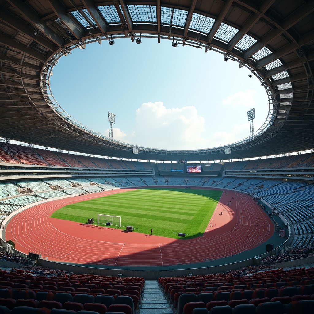 Prompt: Stadium grandstand, cantilevered roofs, angular steel beams, reinforced concrete columns, vibrant sports team colors, artificial turf, track and field equipment, athletic tracks, long jump pits, high jump mats, scoreboard displays, floodlighting systems, dramatic shadows, 3/4 composition, dynamic angles, realistic textures, ambient occlusion.