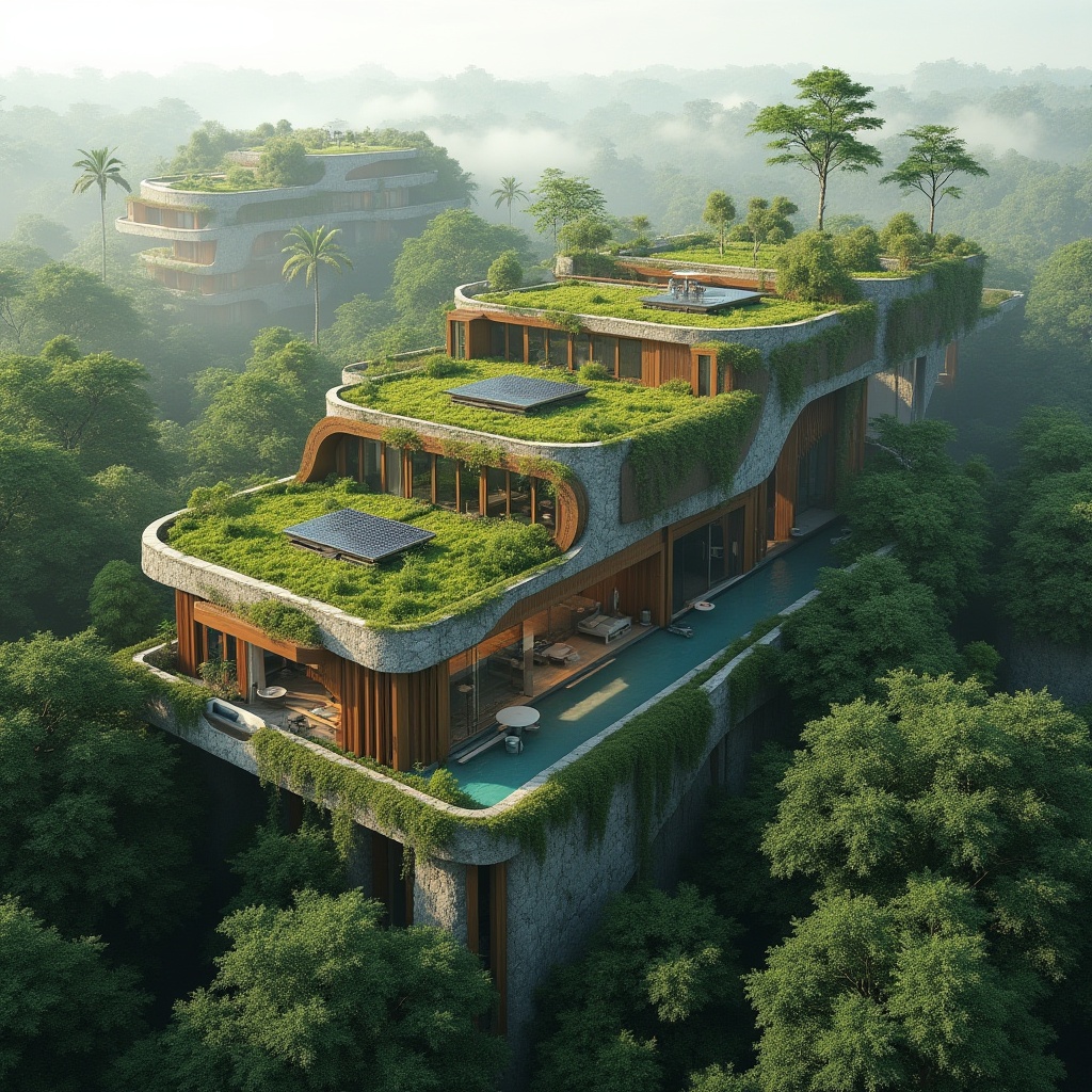 Prompt: Sleek modern buildings, curved green roofs, lush vegetation walls, natural stone fa\u00e7ades, wooden accents, floor-to-ceiling windows, seamless indoor-outdoor transitions, cantilevered structures, rainwater harvesting systems, grey water reuse, solar panels, wind turbines, eco-friendly materials, organic shapes, blurred boundaries, serene forest surroundings, misty mornings, soft diffused light, shallow depth of field, 2/3 composition, realistic textures, ambient occlusion.