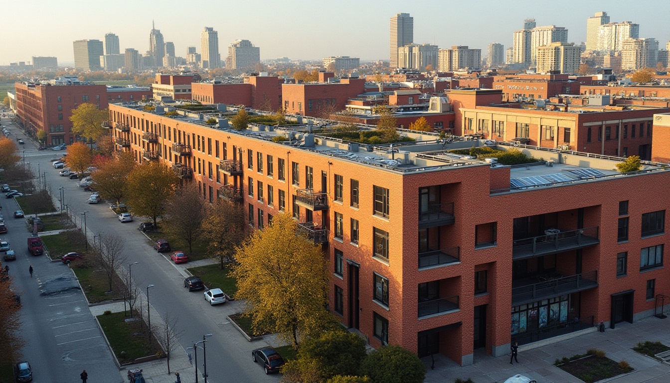 Prompt: Brick facade, bold structural expression, clean lines, minimal ornamentation, functional balconies, communal outdoor spaces, vibrant urban neighborhood, diverse community, mixed-income residents, accessible walkways, green roofs, solar panels, sustainable materials, modernist architecture, industrial chic aesthetic, brutalist influence, angular shapes, textured concrete, bold color accents, dynamic street art, eclectic urban landscape, warm afternoon lighting, shallow depth of field, 1/1 composition, realistic textures, ambient occlusion.