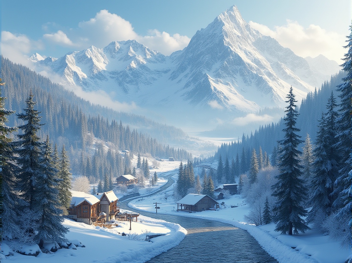 Prompt: Snow-capped mountain peaks, lush green forests, serene frozen lakes, ski lift infrastructure, wooden chalets, stone-paved paths, snowy terrain, frosty trees, misty atmosphere, warm cozy lighting, 3/4 composition, panoramic view, realistic snow textures, ambient occlusion, rustic wooden bridges, icy waterfalls, gentle slopes, challenging trails, scenic lookout points, mountainous horizon, vibrant winter colors, soft focus background, dramatic cloud formations.