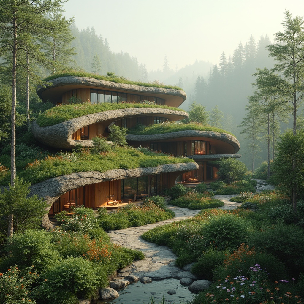 Prompt: Organic curves, lush green roofs, living walls, natural stone fa\u00e7ades, reclaimed wood accents, earthy color palette, seamless transitions, harmonious balance, serene atmosphere, misty mornings, soft warm lighting, shallow depth of field, 1/1 composition, symmetrical framing, panoramic views, realistic textures, ambient occlusion, forest surroundings, rolling hills, meandering paths, wildflower gardens, tranquil water features.