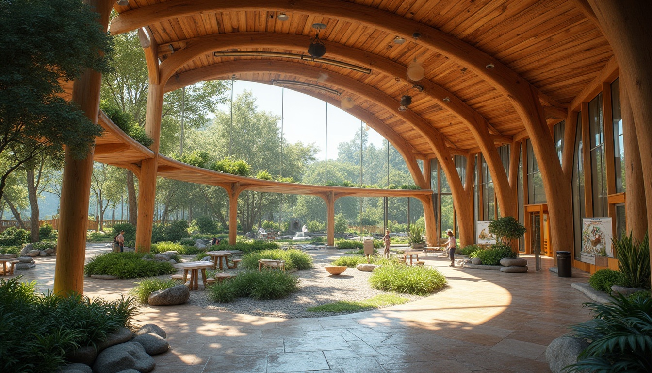 Prompt: Natural visitor center, curved wooden beams, floor-to-ceiling glass walls, seamless outdoor integration, native plant species, meandering walkways, educational signage, interactive exhibits, immersive experiences, panoramic views, warm natural lighting, rustic stone floors, reclaimed wood accents, organic architecture, blurred boundaries, indoor-outdoor connection, nature-inspired patterns, earthy color palette, soft misting systems, comfortable outdoor seating areas, scenic overlooks, wildlife viewing opportunities.