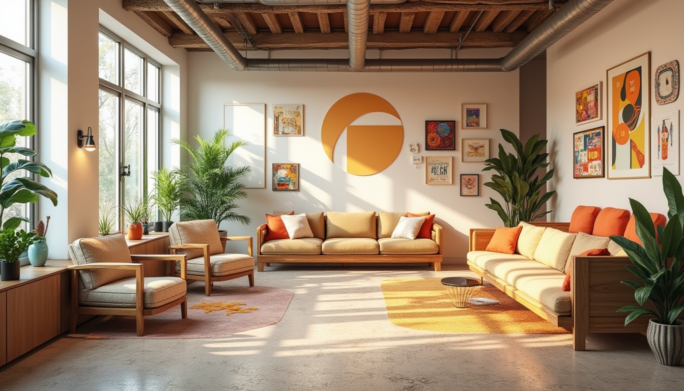 Prompt: Vibrant modern design studio, creative workspace, eclectic art pieces, bold typography, pastel color accents, neutral beige background, rich wood textures, sleek metal furniture, floor-to-ceiling windows, abundant natural light, soft warm glow, 1/1 composition, realistic shadows, ambient occlusion.