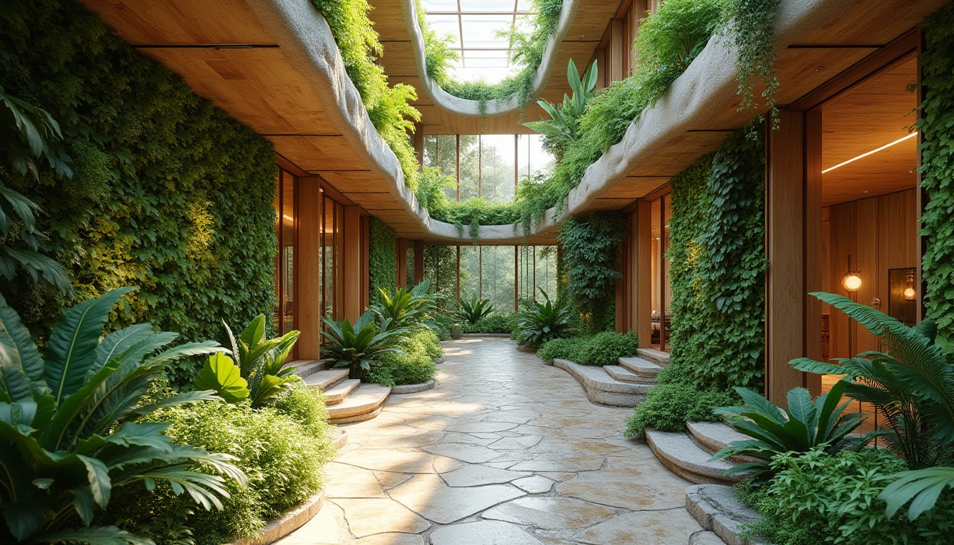 Prompt: Vibrant green walls, lush vertical gardens, natural stone flooring, reclaimed wood accents, curved organic shapes, abundant daylight, clerestory windows, solar tubes, living roofs, rainwater harvesting systems, passive ventilation, biomimetic forms, nature-inspired patterns, earthy color palette, warm ambient lighting, shallow depth of field, 1/1 composition, realistic textures, soft focus blur.