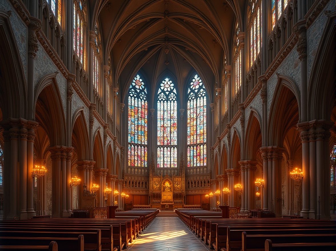 Prompt: Vibrant stained glass windows, intricate stone carvings, grand Gothic cathedrals, soaring vaulted ceilings, ribbed arches, ornate rose windows, kaleidoscopic color patterns, luminous light effects, dramatic shadows, sacred religious icons, lavish decorations, elaborate frescoes, medieval architecture, ancient historical significance, mystical ambiance, warm golden lighting, shallow depth of field, 1/2 composition, symmetrical framing, realistic textures, ambient occlusion.