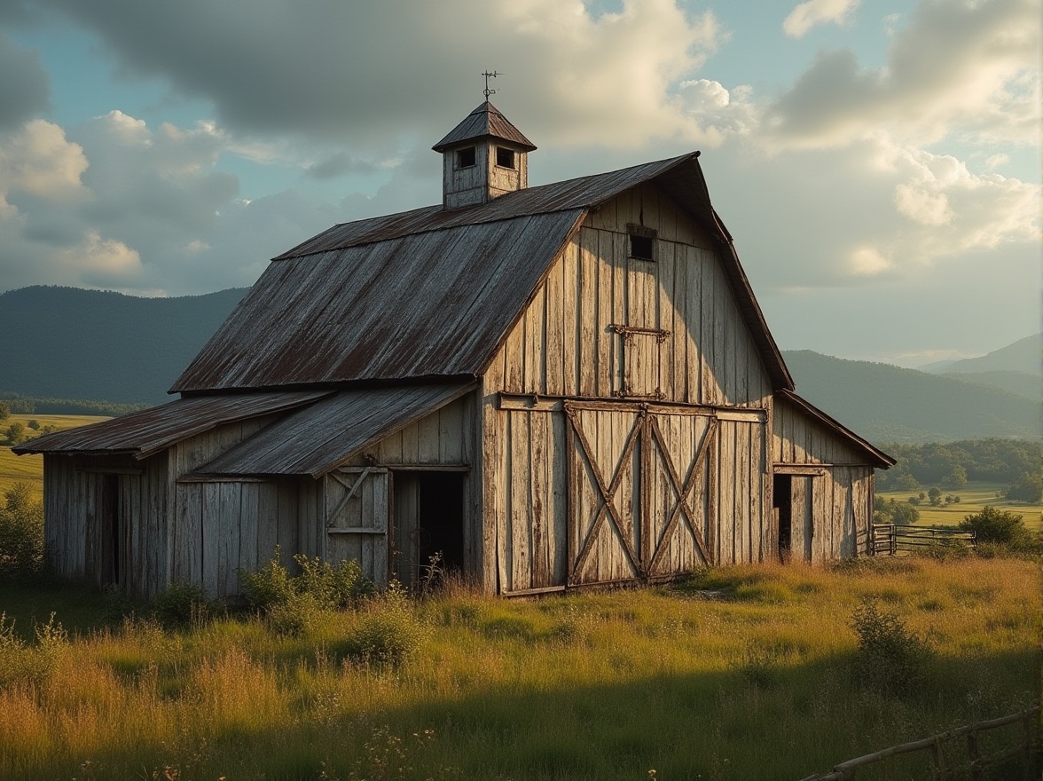 Prompt: Rustic barn, weathered wood, earthy tones, muted brown, soft beige, creamy white, warm golden light, natural textures, distressed finishes, vintage metal accents, old wooden doors, hayloft windows, rural landscape, rolling hills, green pastures, cloudy blue sky, dramatic shadows, moody atmosphere, cinematic lighting, shallow depth of field, 1/2 composition, warm color harmony.