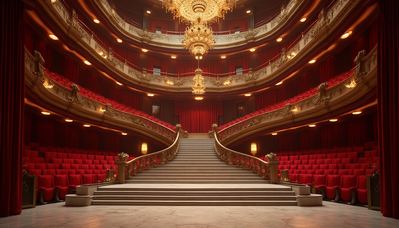 Prompt: Luxurious opera house interior, streamline moderne architecture, grand staircase, ornate balconies, red velvet curtains, golden chandeliers, marble floors, sleek metal handrails, minimal ornamentation, functional simplicity, dramatic spotlights, soft warm glow, 1/1 composition, shallow depth of field, realistic textures, ambient occlusion, elegant VIP lounges, comfortable plush seating, intimate performance spaces, state-of-the-art sound systems, acoustic paneling, rich wood accents, sophisticated color schemes, futuristic lighting installations.