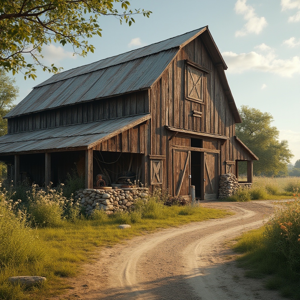 Prompt: Rustic barn, weathered wood planks, distressed metal roofs, earthy brown tones, natural stone foundations, worn wooden doors, vintage farm tools, overgrown wildflowers, sunny afternoon, soft warm lighting, shallow depth of field, 3/4 composition, panoramic view, realistic textures, ambient occlusion, expressionist brushstrokes, abstracted forms, vibrant color palette, emotive gestures, bold geometric shapes, distressed surfaces, decaying matter, organic patterns, earthy scent.Please let me know if this meets your expectations!