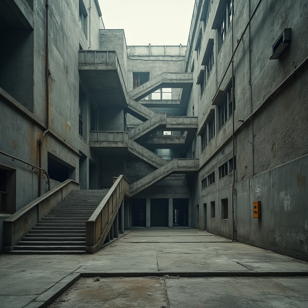 Prompt: Rugged brutalist building, exposed concrete walls, rough-textured surfaces, bold geometric forms, fortress-like structures, industrial metal accents, weathered steel beams, raw cement floors, monumental staircases, dramatic natural lighting, cinematic shadows, atmospheric misting, low-angle composition, gritty realistic textures, ambient occlusion, urban cityscape backdrop.