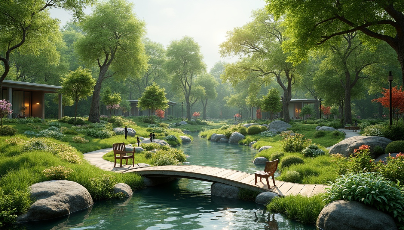 Prompt: Vibrant greenery, lush meadows, serene water features, walking trails, natural stone pathways, rustic wooden bridges, eclectic garden ornaments, blooming flowers, majestic trees, modern sculptures, sleek metal benches, minimalist lighting fixtures, soft warm ambiance, shallow depth of field, 3/4 composition, panoramic view, realistic textures, ambient occlusion.